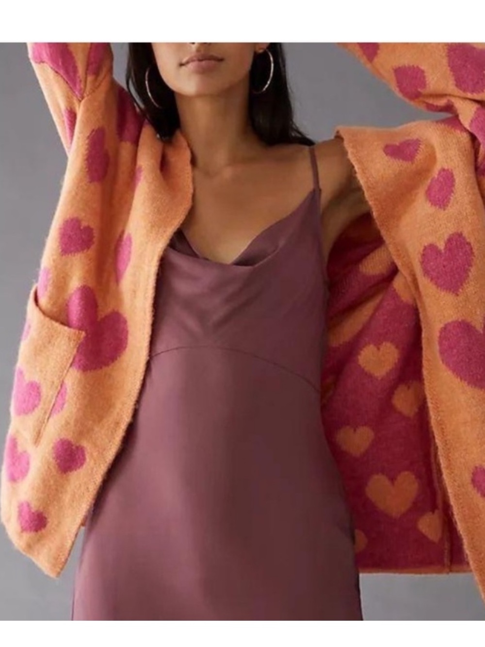Anthropologie Maeve Orange Pink Halley Hearts Oversized Open Cardigan, Size m/l